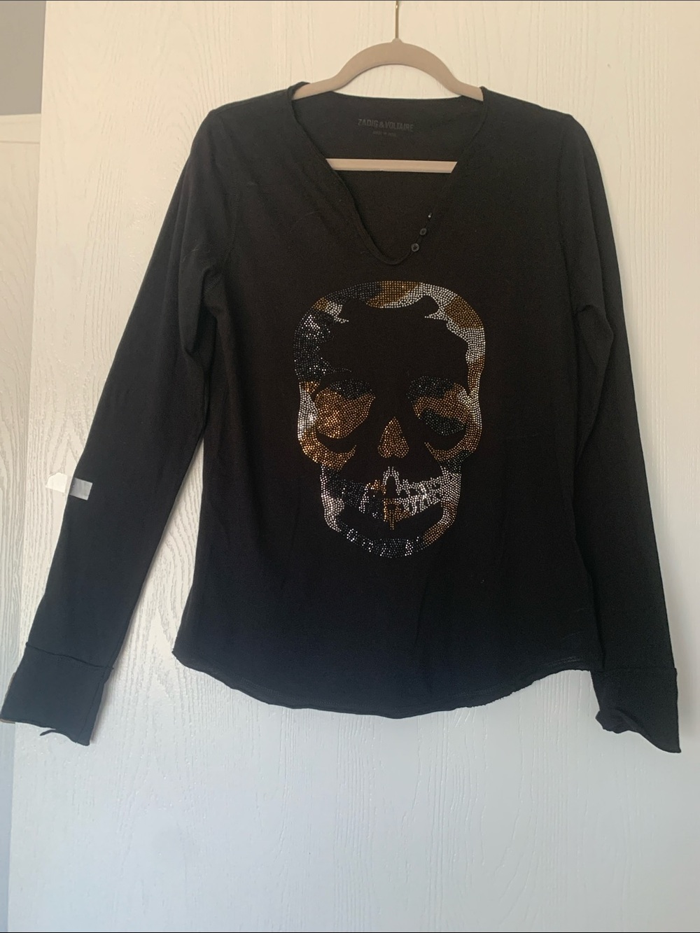 Black Long Sleeve Tee with Sequin Skull - Women